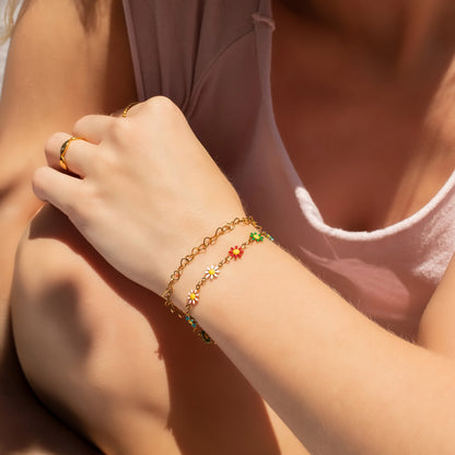 18K Gold PVD Multi Colored Floral Chain Bracelet / BRJ1063