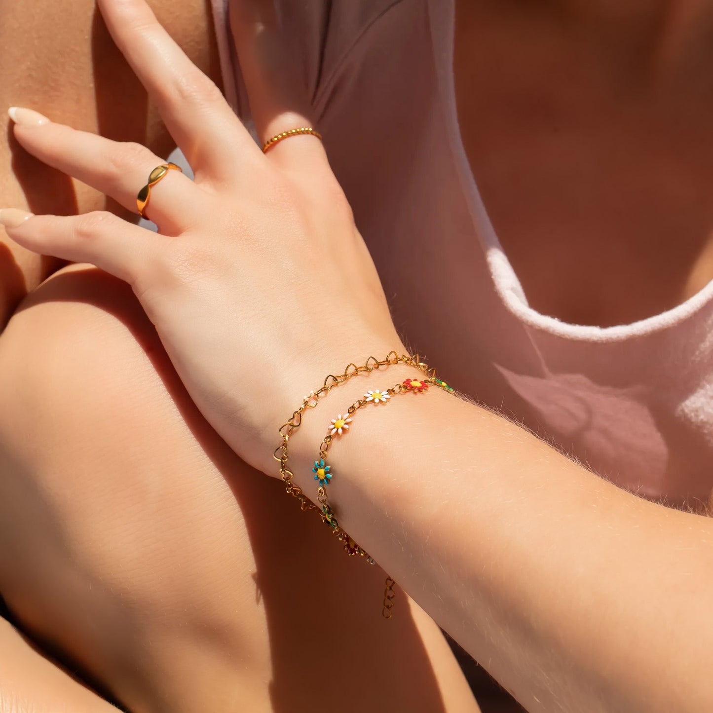 18K Gold PVD Multi Colored Floral Chain Bracelet / BRJ1063
