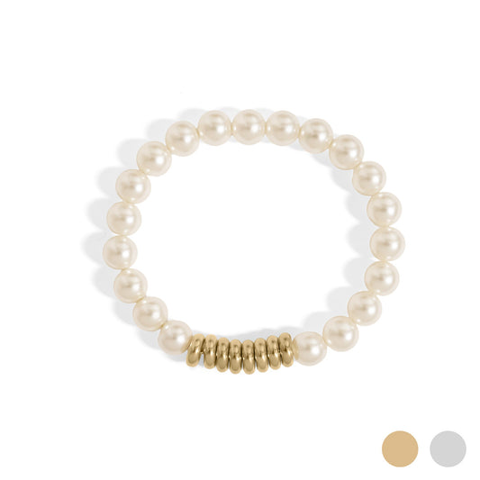 18K Gold PVD 8mm Kiska Glass Pearl Beaded Stretch Bracelet / BRJ1081