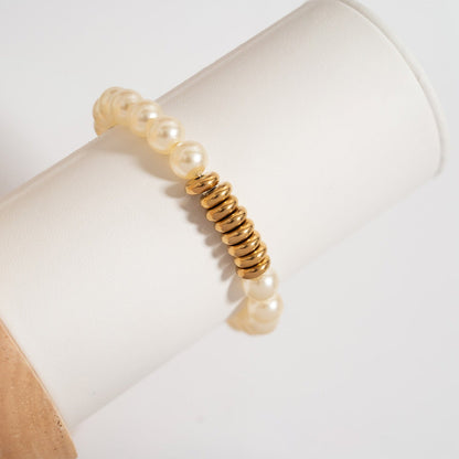 18K Gold PVD 8mm Kiska Glass Pearl Beaded Stretch Bracelet / BRJ1081