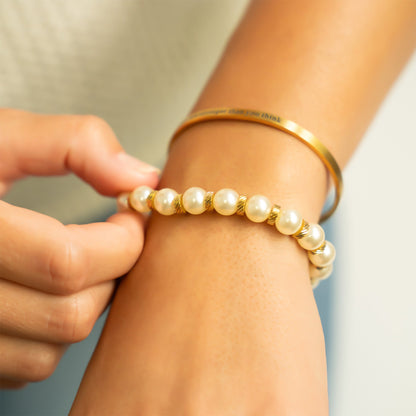 18K Gold PVD 8mm Kiska Glass Pearl Beaded Stretch Bracelet / BRJ1082