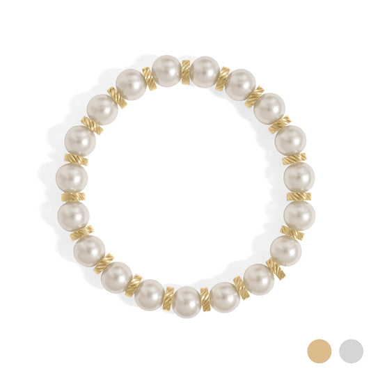 18K Gold PVD 8mm Kiska Glass Pearl Beaded Stretch Bracelet / BRJ1082