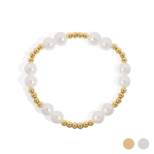 18K Gold PVD 8mm Kiska Glass Pearl Beaded Stretch Bracelet / BRJ1083