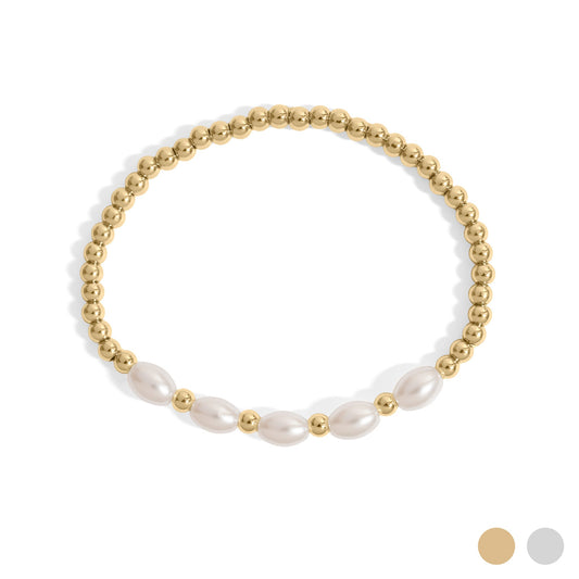 18K Gold PVD 8mm Kiska Glass Pearl Beaded Stretch Bracelet / BRJ1085