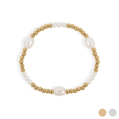 18K Gold PVD 8mm Kiska Glass Pearl Beaded Stretch Bracelet / BRJ1086