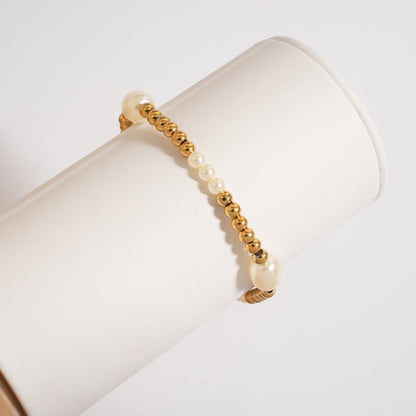 18K Gold PVD 8mm Kiska Glass Pearl Beaded Stretch Bracelet / BRJ1086