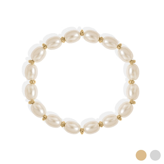 18K Gold PVD 8mm Kiska Glass Pearl Beaded Stretch Bracelet / BRJ1088