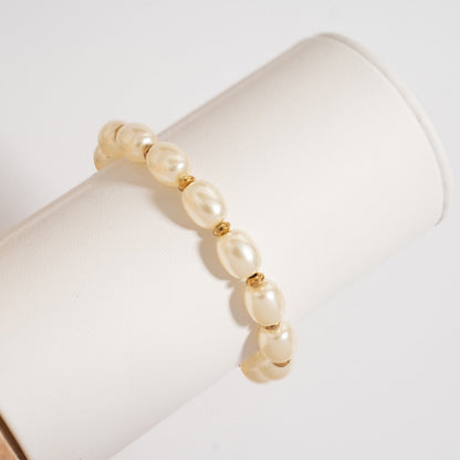 18K Gold PVD 8mm Kiska Glass Pearl Beaded Stretch Bracelet / BRJ1088