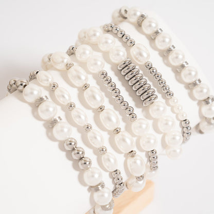 18K Gold PVD 8mm Kiska Glass Pearl Beaded Stretch Bracelet / BRJ1086