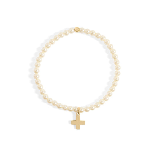 18K Gold PVD Stainless Steel Pearl Beaded Bracelet with Cross / BRJ1100