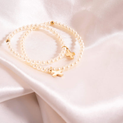 18K Gold PVD Stainless Steel Pearl Beaded Bracelet with Cross / BRJ1100