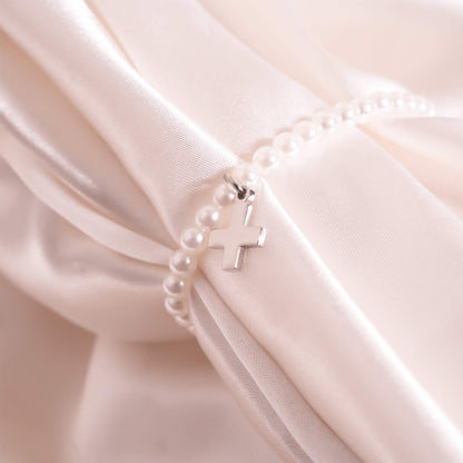 18K Gold PVD Stainless Steel Pearl Beaded Bracelet with Cross / BRJ1100
