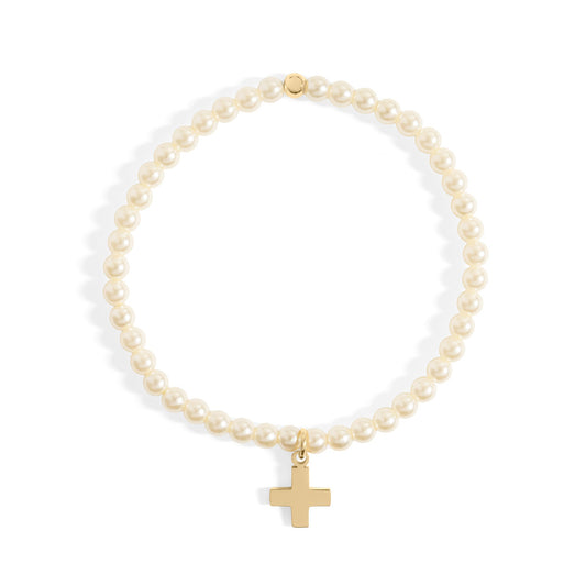 18K Gold PVD Stainless Steel Pearl Beaded Bracelet with Cross / BRJ1101