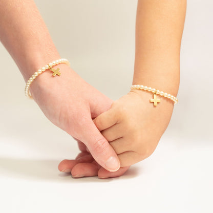 18K Gold PVD Stainless Steel Pearl Beaded Bracelet with Cross / BRJ1101