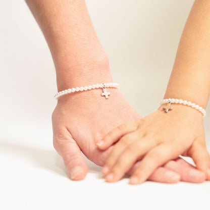 18K Gold PVD Stainless Steel Pearl Beaded Bracelet with Cross / BRJ1100