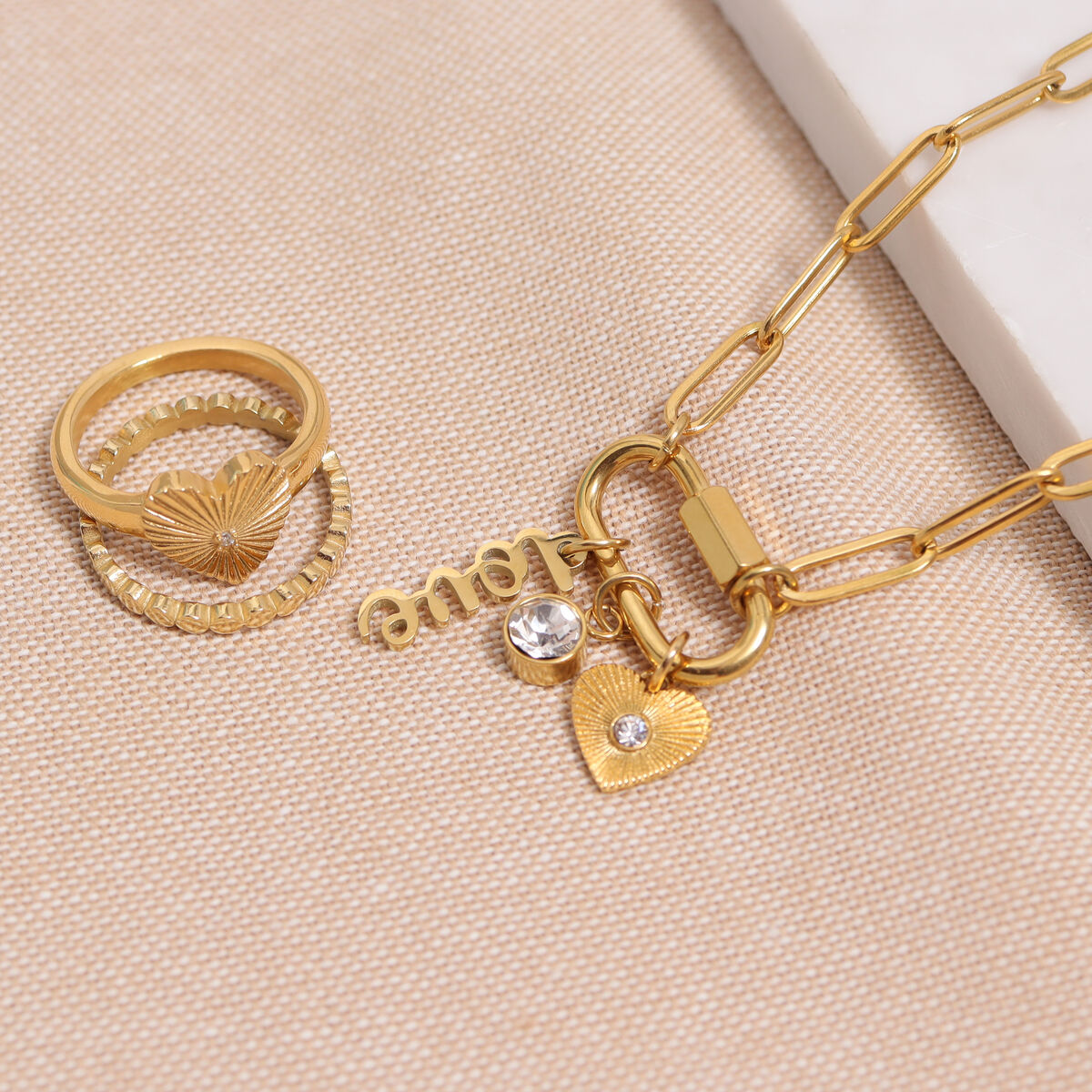 18K Gold PVD Stainless Steel Carabiner Love Charm Paperclip Necklace / CHN0047