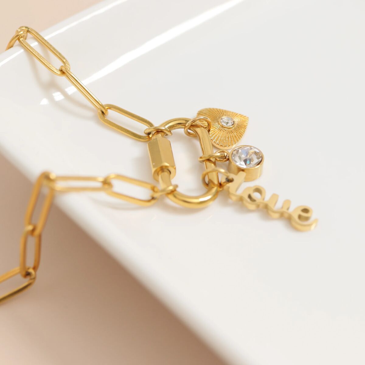 18K Gold PVD Stainless Steel Carabiner Love Charm Paperclip Necklace / CHN0047