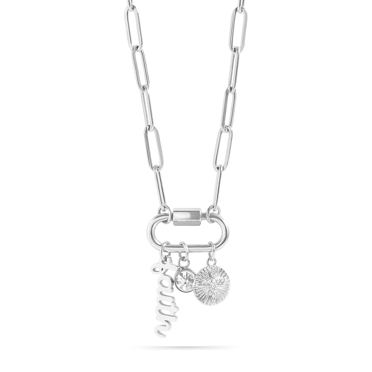 18K Gold PVD Stainless Steel Carabiner Faith Charm Paperclip Necklace / CHN0049