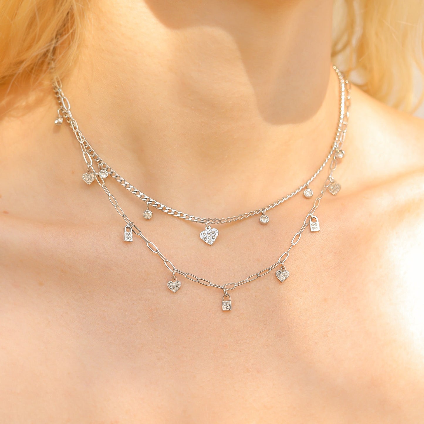 Stainless Steel 2 Row Heart & Lock Charm Necklace / CHN0069