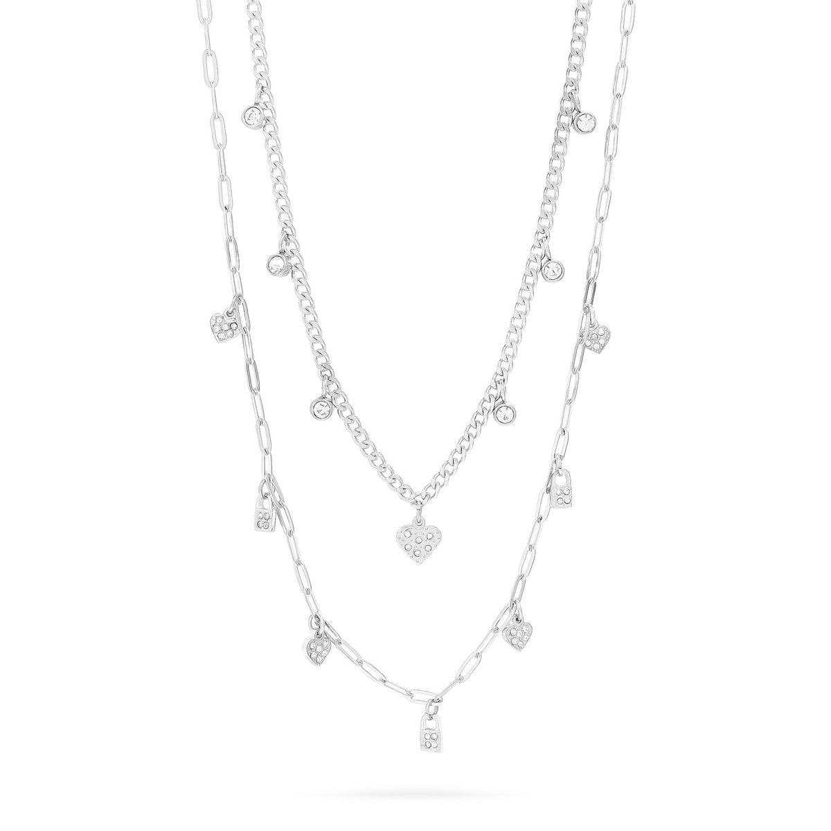 Stainless Steel 2 Row Heart & Lock Charm Necklace / CHN0069