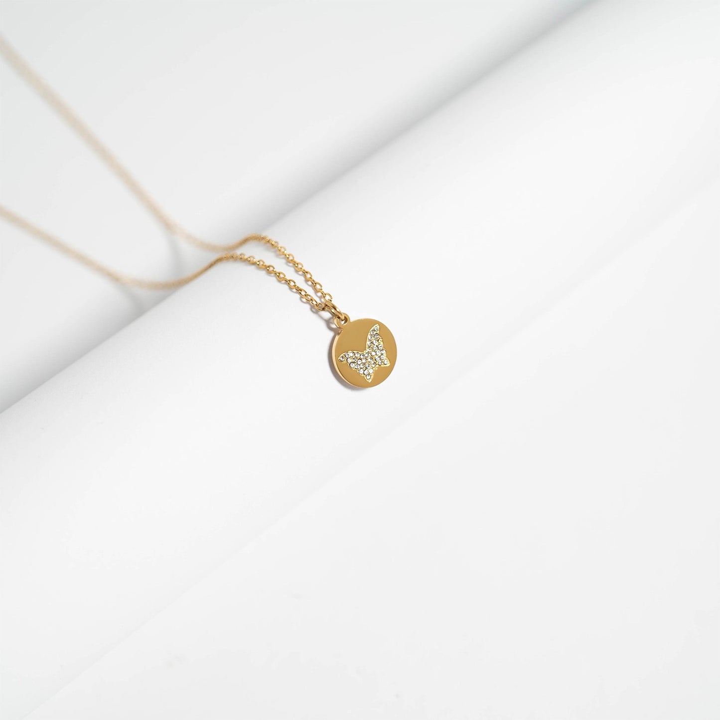 18K Gold PVD Stainless Steel Stone Butterfly Pendant Necklace / CHN0085