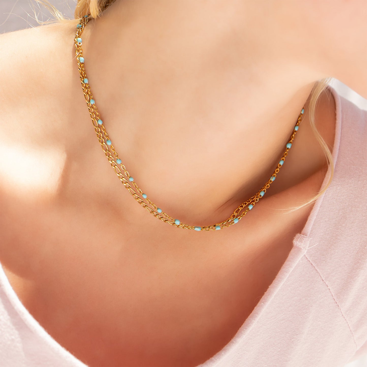 18K Gold Stainless Steel Turquoise Chain Necklace / CHN0094