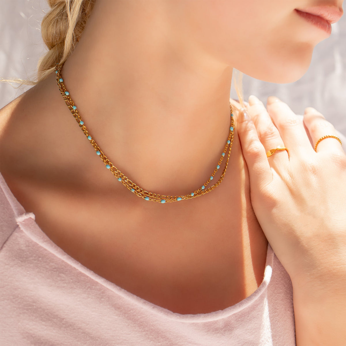 18K Gold Stainless Steel Turquoise Chain Necklace / CHN0094