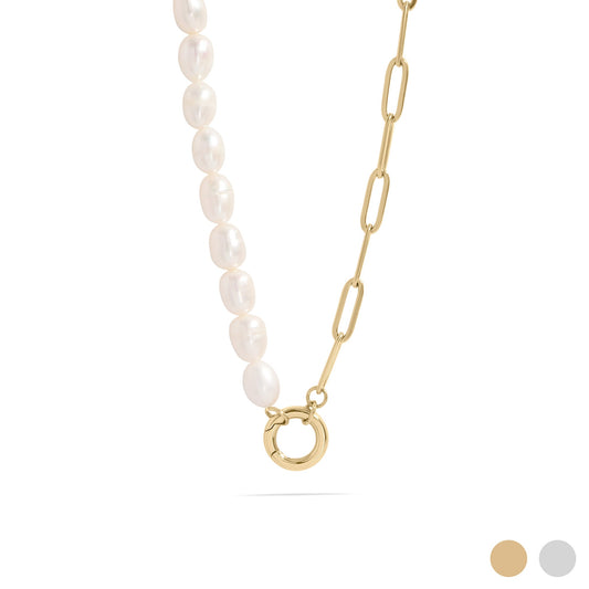 Stainless Steel Freshwater Pearl Paperclip Split Charm Holder Necklace / CHN0103