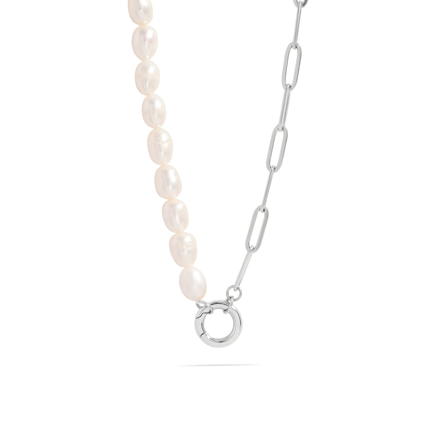 Stainless Steel Freshwater Pearl Paperclip Split Charm Holder Necklace / CHN0103