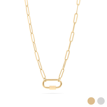 18K Gold PVD Stainless Steel Paperclip Carabiner Charm Holder Necklace / CHN0107