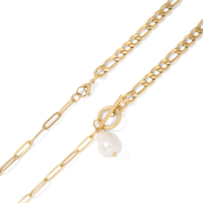 18K Gold PVD Stainless Carabiner Necklace Freshwater Pearl / CHN0111