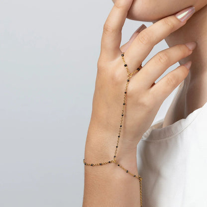18K Gold PVD Stainless Steel Black Beaded Hand Chain / CHN0121