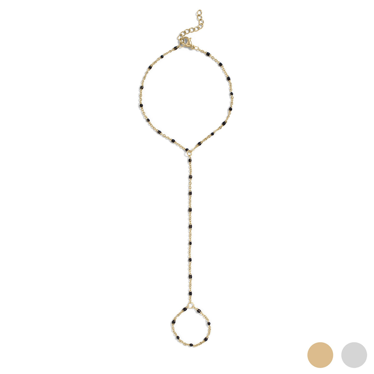 18K Gold PVD Stainless Steel Black Beaded Hand Chain / CHN0121