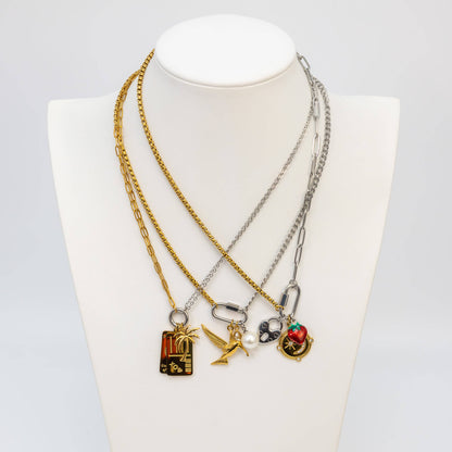 18K Gold PVD Stainless Steel Mixed Metal Carabiner Charm Holder Necklace / CHN0135