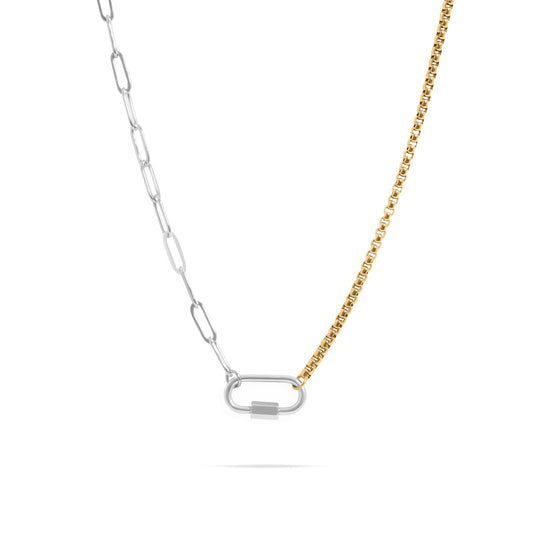 18K Gold PVD Stainless Steel Mixed Metal Paperclip Carabiner Necklace / CHN0136