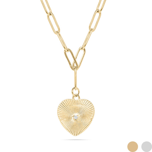 18K Gold PVD Stainless Steel Sunburst CZ Heart Paperclip Pendant Necklace / CHN9966