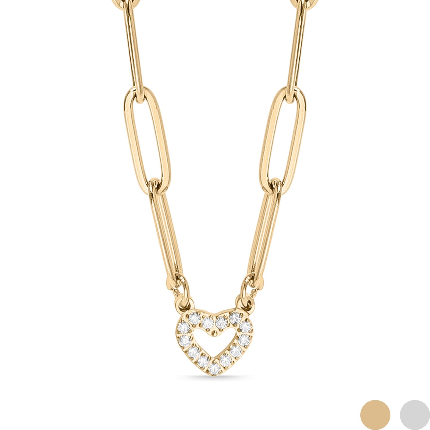 18K Gold PVD Stainless Steel Stone "Heart" Paperclip Chain Necklace / CHN9976