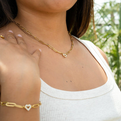 18K Gold PVD Stainless Steel Stone "Heart" Paperclip Chain Bracelet / BRJ1006