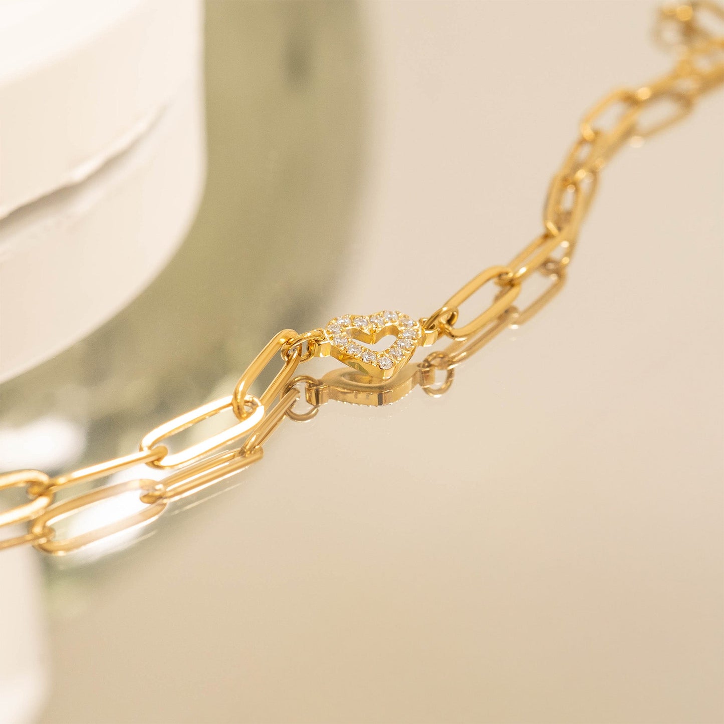 18K Gold PVD Stainless Steel Stone "Heart" Paperclip Chain Bracelet / BRJ1006