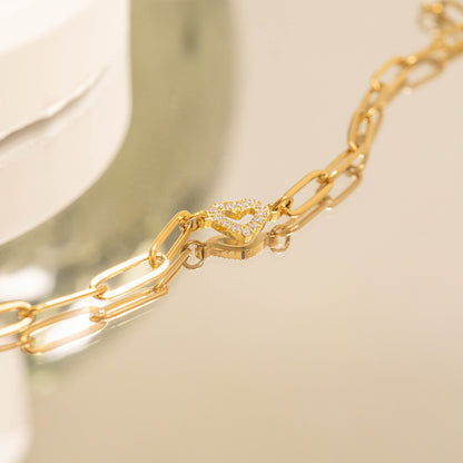 18K Gold PVD Stainless Steel Stone "Heart" Paperclip Chain Bracelet / BRJ1006