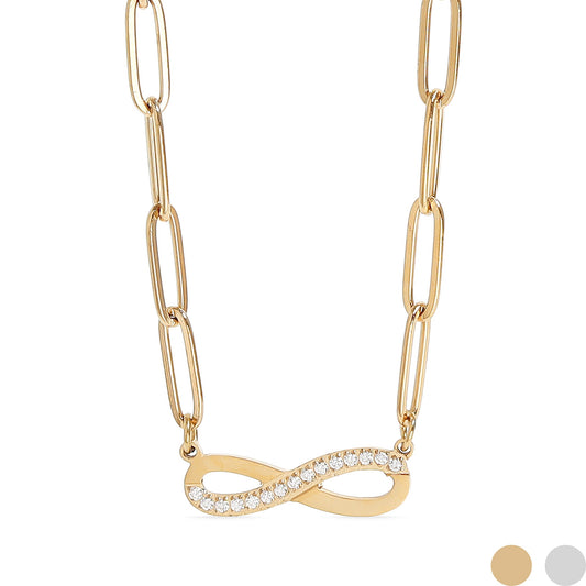 18K Gold PVD Stainless Steel Stone "Infinity" Paperclip Chain Necklace / CHN9977