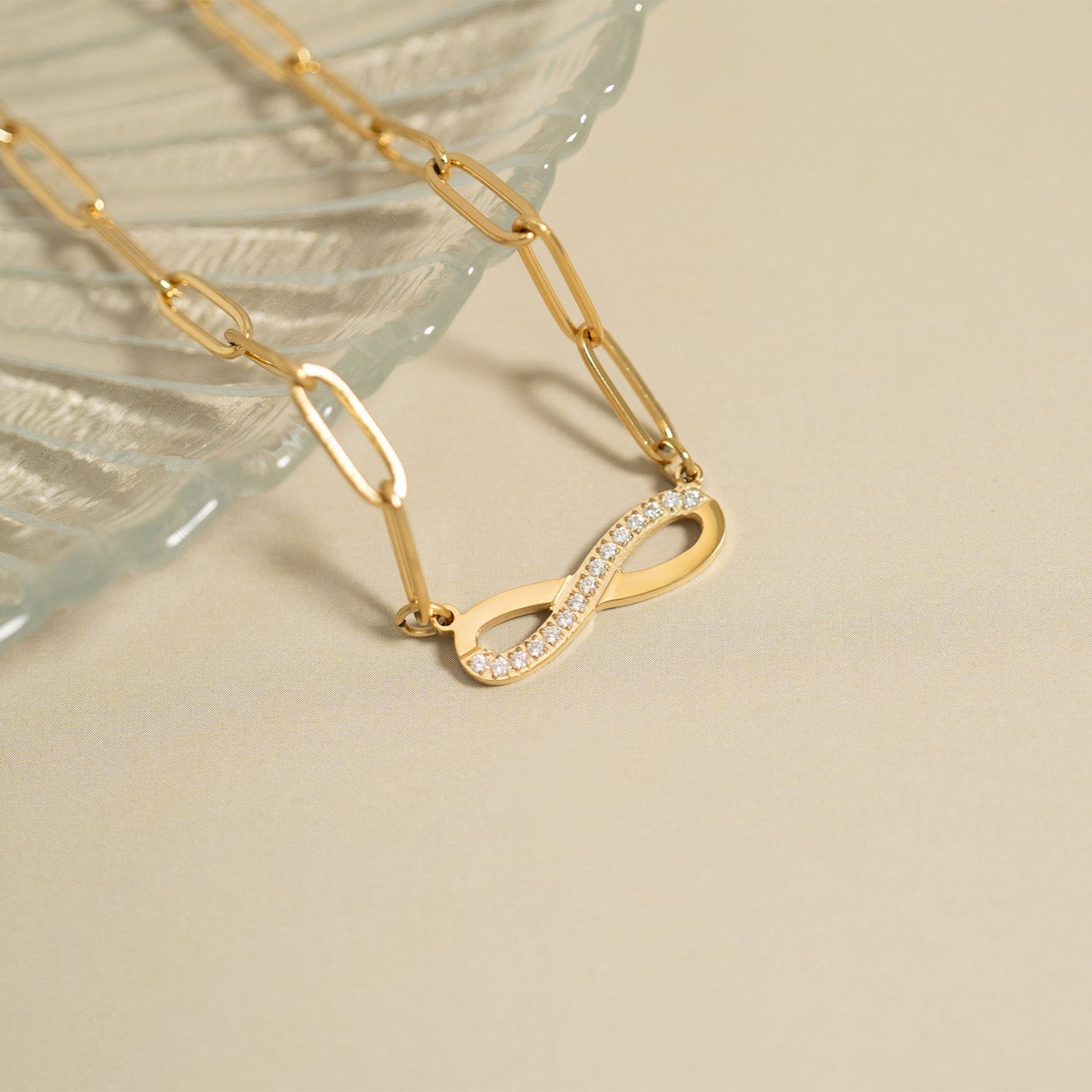 18K Gold PVD Stainless Steel Stone "Infinity" Paperclip Chain Necklace / CHN9977