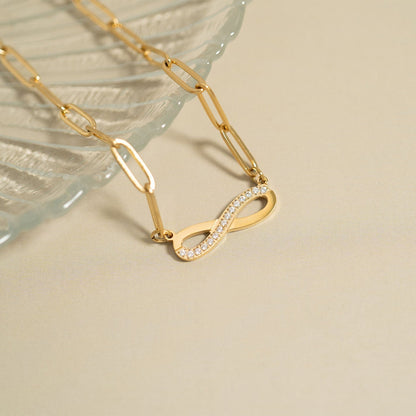 18K Gold PVD Stainless Steel Stone "Infinity" Paperclip Chain Necklace / CHN9977