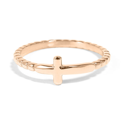 18K Gold PVD Stainless Steel Beaded Cross Stacking Ring / CSR0005