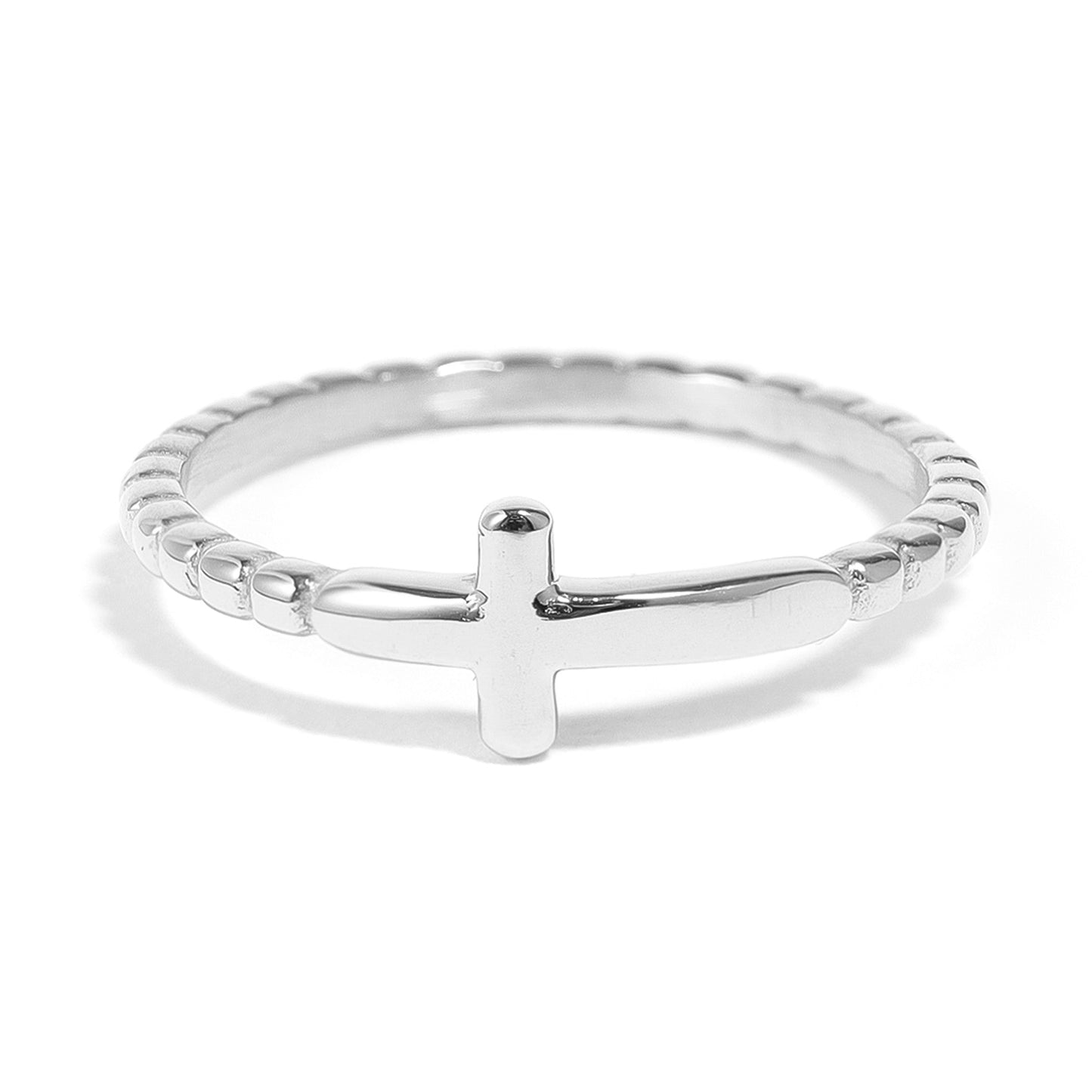 18K Gold PVD Stainless Steel Beaded Cross Stacking Ring / CSR0005