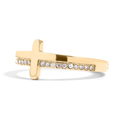 18K Gold PVD Stainless Steel Cross CZ Stone Engraved Stacking Ring / CSR0012