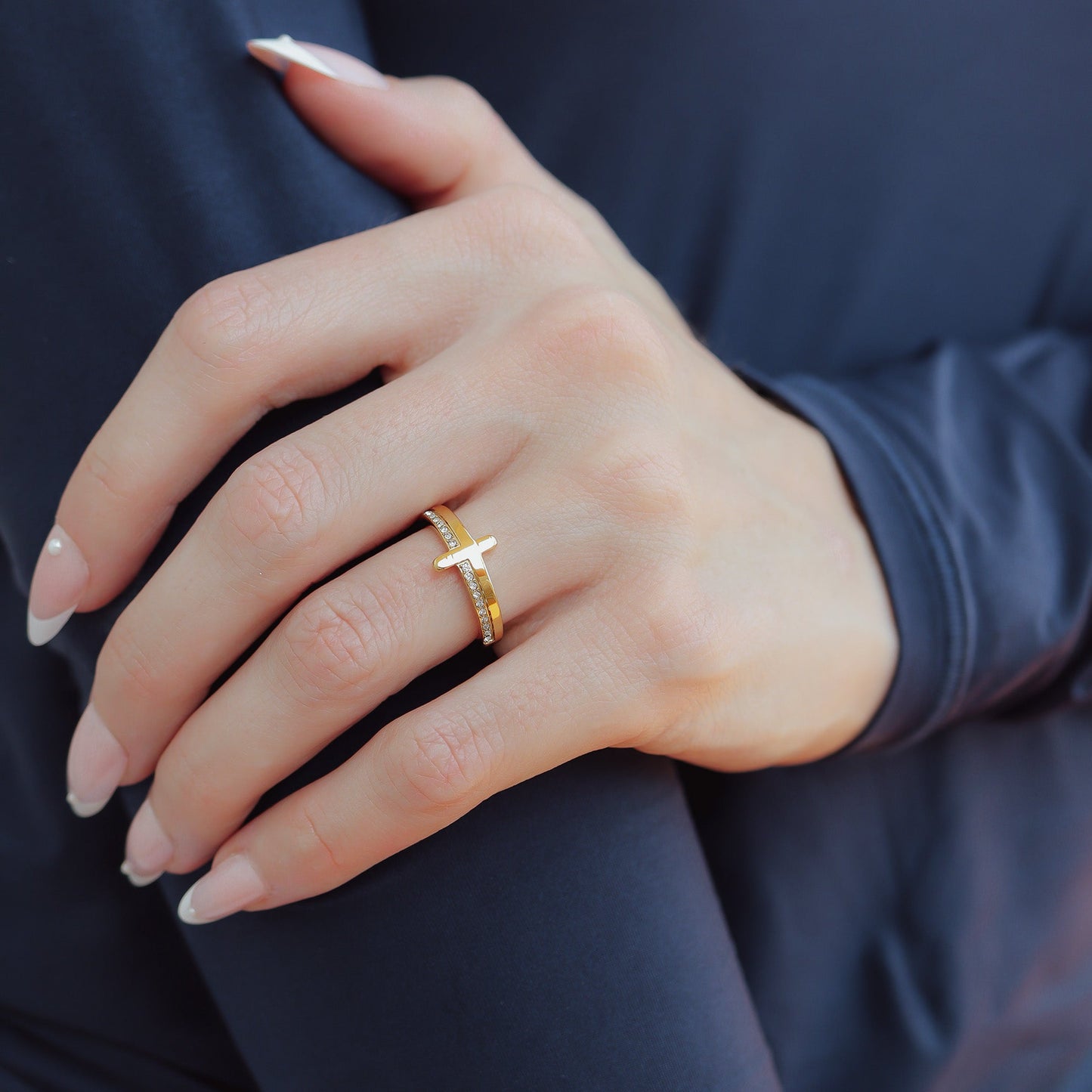 18K Gold PVD Stainless Steel Cross CZ Stone Engraved Stacking Ring / CSR0012
