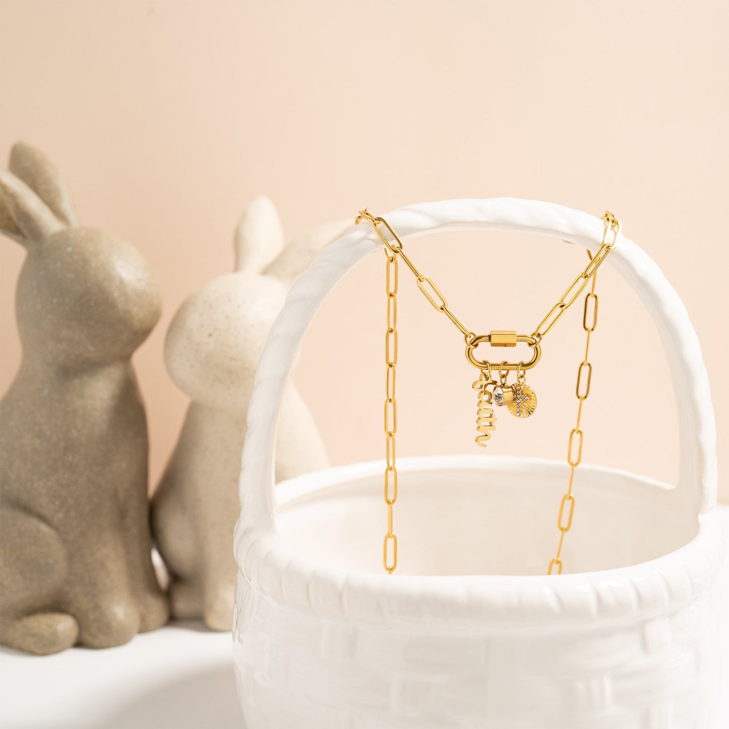 18K Gold PVD Stainless Steel Carabiner Faith Charm Paperclip Necklace / CHN0049