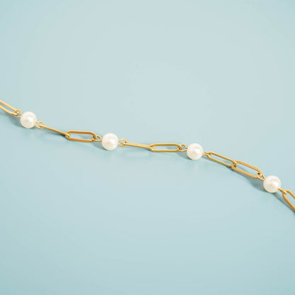 18K Gold PVD Stainless Steel Station Pearl Paperclip Bracelet / BRJ1023