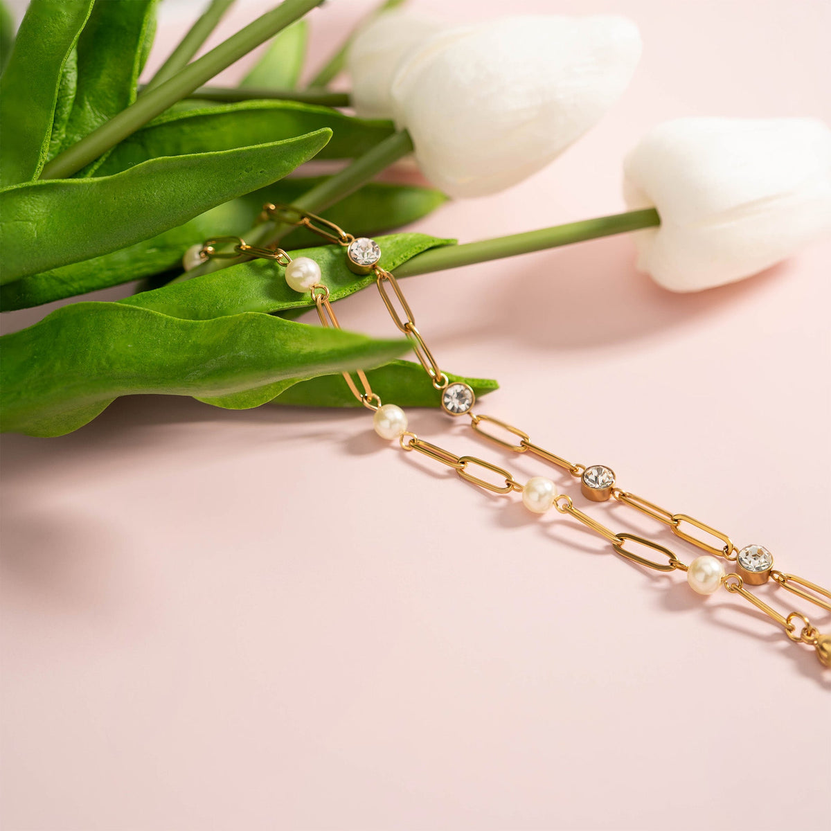 18K Gold PVD Stainless Steel Stone Paperclip Bracelet / BRJ1024